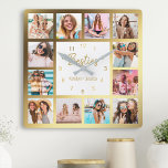 Aangepast fotocollage Besties Gold White Vierkante Klok<br><div class="desc">Maak van deze trendy elegante witte en gouden foto collage wandklok uniek met twaalf van uw favoriete foto's met uw beste vriend(in). Het ontwerp kenmerkt ook modern handgeschreven manuscript "Besties"en uw namen.</div>