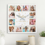Aangepast fotocollage Besties Gold White Vierkante Klok<br><div class="desc">Maak van deze trendy elegante witte en gouden foto collage wandklok uniek met twaalf van uw favoriete foto's met uw beste vriend(in). Het ontwerp kenmerkt ook modern handgeschreven manuscript "Besties"en uw namen.</div>