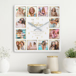 Aangepast fotocollage Besties Quote Gold White Vierkante Klok<br><div class="desc">Maak deze trendy elegante witte en gouden foto collage muur uniek met 12 van uw favoriete foto's met uw beste vriend(in). Het ontwerp kenmerkt ook modern handgeschreven "Besties"manuscript en een mooi aanpasbaar citaat "Vriendschap is één mening in twee lichamen".</div>