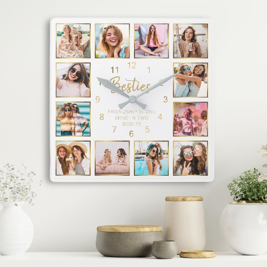 Aangepast fotocollage Besties Quote Gold White Vierkante Klok