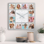 Aangepast fotocollage Besties Silver Glitter Glam Vierkante Klok<br><div class="desc">Maak deze trendy elegante witte en zilveren faux glitter foto collage wandklok uniek met 12 van uw favoriete foto's met uw beste vriend(en). Het ontwerp kenmerkt ook modern handgeschreven manuscript "Besties",  uw namen en de datum u ontmoette.</div>