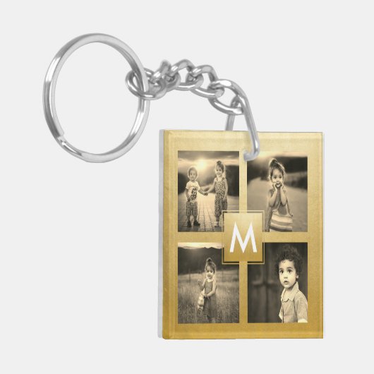 Aangepast fotocollage Gold-monogram 4 Afbeeldingen Sleutelhanger (Voorkant Links)