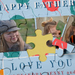 Aangepast fotocollage-liefdescadeau voor Vaderdag Legpuzzel<br><div class="desc">Kleurrijke rode,  groene munt en geel-oranje vallende ballonnen op een pastelblauwe achtergrond,  je aangepaste drie foto's en jaloezie tekst die een schattig  keepomwille Gelukkig cadeau voor je vader of opa geeft!</div>