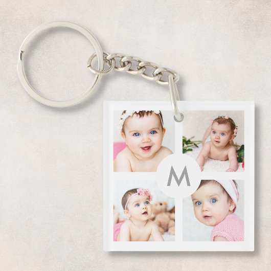 Aangepast fotocollage Monogram White 4 Afbeeldinge Sleutelhanger