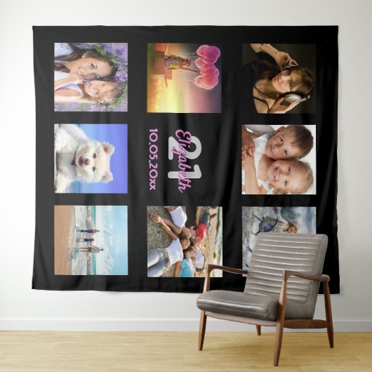 Aangepast fotocollage op jaardag roze zwart wandkleed (In Situ (horizontaal))