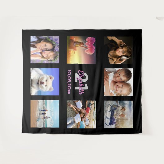 Aangepast fotocollage op jaardag roze zwart wandkleed (Voorkant (horizontaal))