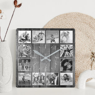 Aangepast fotocollage Rustic Farmhouse Black White Vierkante Klok