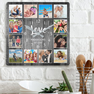 Aangepast fotocollage Rustic Farmhouse Love Family Vierkante Klok