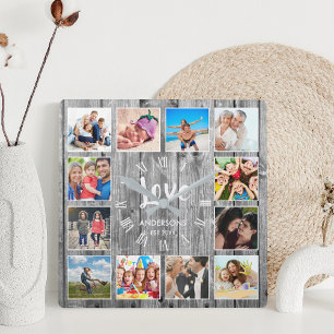 Aangepast fotocollage Rustic Farmhouse Love Family Vierkante Klok