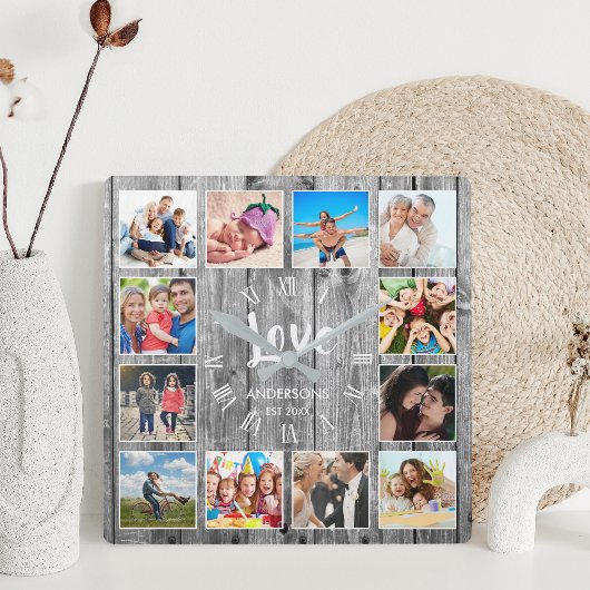 Aangepast fotocollage Rustic Farmhouse Love Family Vierkante Klok