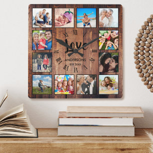 Aangepast fotocollage Rustic Farmhouse Love Family Vierkante Klok