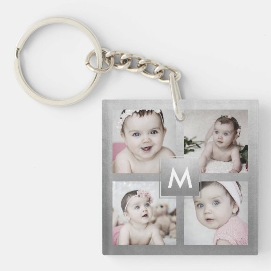 Aangepast fotocollage Silver Monogram 4 Afbeelding Sleutelhanger (Voorkant)