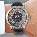 Aangepast fotocollage, speciaal aangepast zwart horloge<br><div class="desc">Creëer uw eigen persoonlijke 12 fotocollage,  bekijk met uw eigen afbeeldingen op een eenvoudige moderne zwarte achtergrond. Het klokgezicht kenmerkt ook uw familienaam,  gevestigd jaar en een handgeschreven manuscript van de "Liefde". Voeg uw favoriete foto's,  design of kunstwerken toe aan iets echt unieks te creëer.</div>