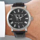 Aangepast fotocollage, speciaal aangepast zwart horloge<br><div class="desc">Creëer je eigen persoonlijke roman nummer horloge met je monogram en naam op een simpele moderne zwarte achtergrond.</div>