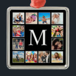 Aangepast fotocollage, speciaal aangepast zwart metalen ornament<br><div class="desc">Creëer uw eigen persoonlijke 12 foto-collage,  kerstvakantieversiering met uw aangepaste afbeeldingen op een eenvoudige moderne zwarte achtergrond. Op het kerstvakantiesiergezicht staat ook je monogram. Voeg uw favoriete foto's,  design of kunstwerken toe aan iets echt unieks te creëer.</div>