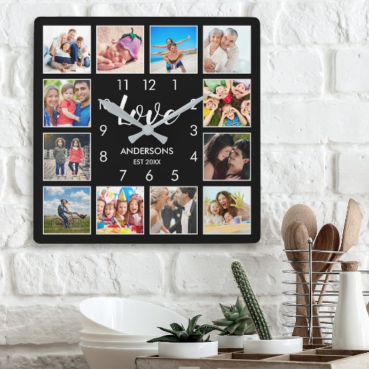 Aangepast fotocollage, speciaal aangepast zwart vierkante klok