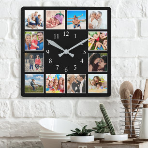 Aangepast fotocollage, speciaal aangepast zwart vierkante klok