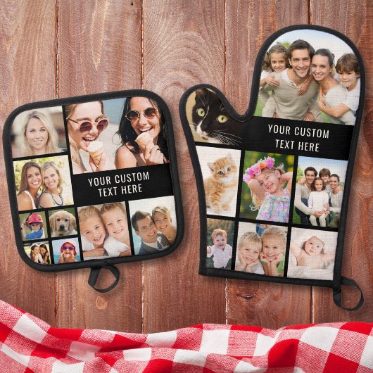 Aangepast fotocollage zwart ovenwant & pannenlap set