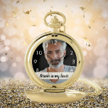 Aangepast fotogedenkteken voor altijd in mijn hart zakhorloge<br><div class="desc">Pas uw eigen foto aan en voeg deze toe. Een wit lijst met zwarte tekst. Witte cijfers van 8 tot 4. Met de tekst: Voorbij in mijn hart.</div>