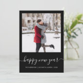 Aangepast fotogelukkig nieuwjaar zwart witscript feestdagenkaart (Staand voorkant)