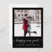Aangepast fotogelukkig nieuwjaar zwart witscript feestdagenkaart (Voorkant / Achterkant)