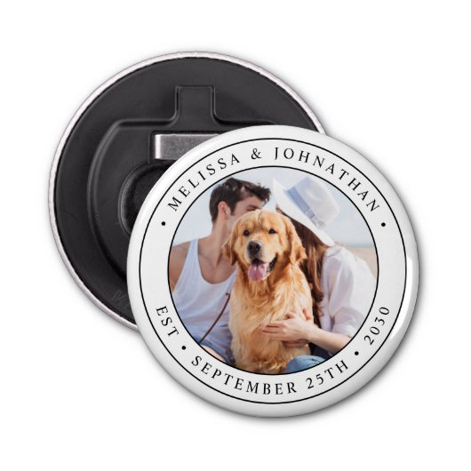 Aangepast fotohuwelijk button flesopener (Voorkant)