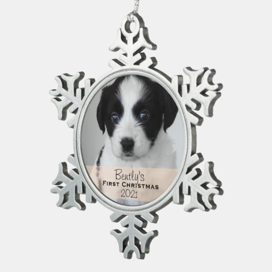 Aangepast fotojaar Puppy's eerste kerst Tin Sneeuwvlok Ornament (Rechts)