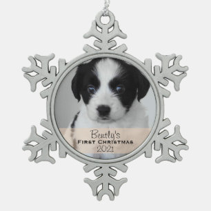 Aangepast fotojaar Puppy's eerste kerst Tin Sneeuwvlok Ornament