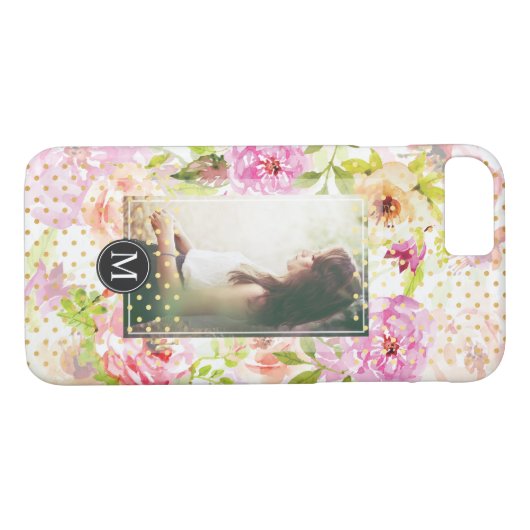 Aangepast fotoMonogram modern bloempatroon Case-Mate iPhone Case (Achterkant (Horizontaal))