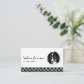 Aangepast fotosjabloon met zwarte poten op grijs visitekaartje (Staand voorkant)