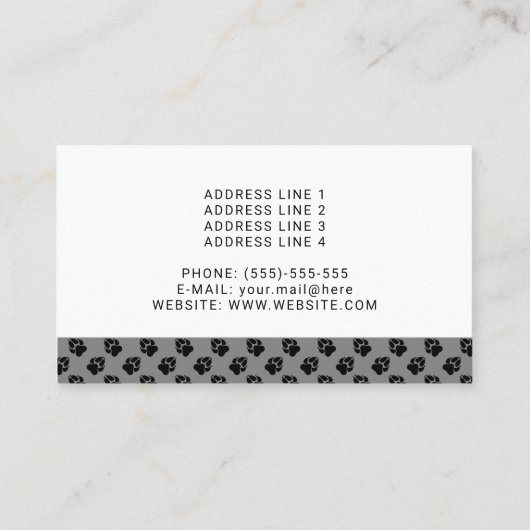 Aangepast fotosjabloon met zwarte poten op grijs visitekaartje (Achterkant)
