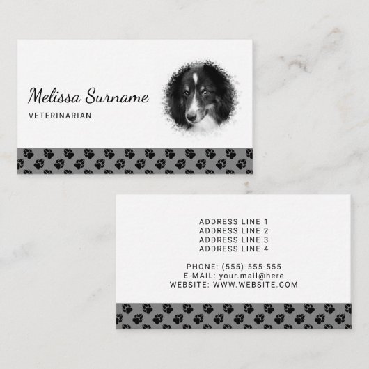 Aangepast fotosjabloon met zwarte poten op grijs visitekaartje (Voorkant / Achterkant)