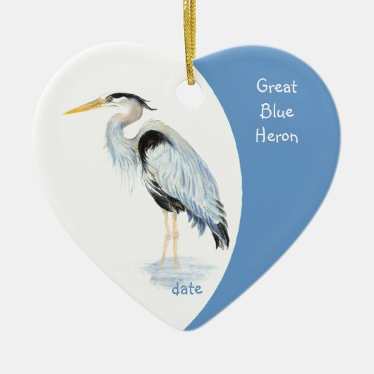 Aangepast gedateerd Great Blue Heron Waterverf Bir Keramisch Ornament (Voorkant)