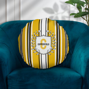 Aangepast Geel Zwart Strepen Monogram Rond Kussen