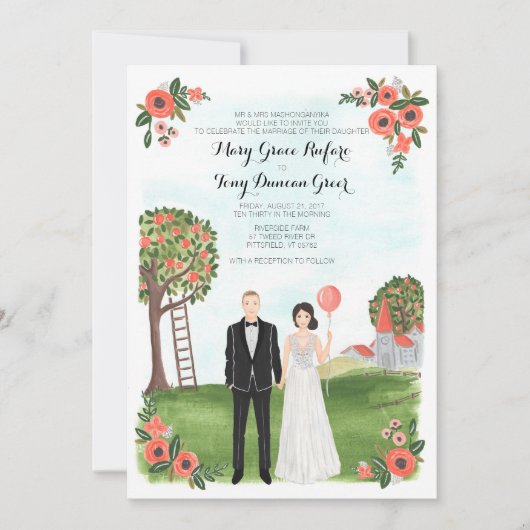 Aangepast geïllustreerd paar portret Boerderij bru Kaart (Voorkant)