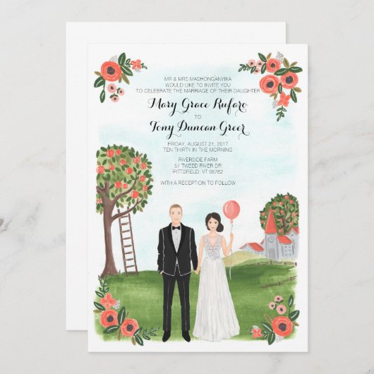 Aangepast geïllustreerd paar portret Boerderij bru Kaart (Voorkant / Achterkant)