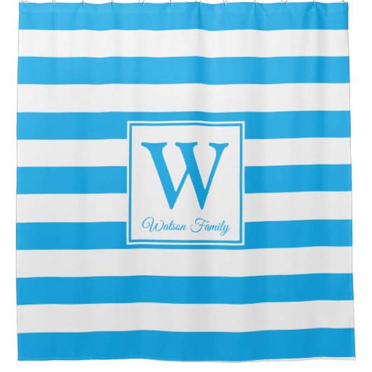 Aangepast gemaakt gezinsmonogram Cerulean Blue Str Douchegordijn (Voorkant)