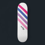 Aangepast Girly Pink Striped Persoonlijk Skateboard<br><div class="desc">Dit girale skateboard is versierd met vette strepen roze,  paars,  blauw en wit met zwarte typografie. Pas het aan door de naam te veranderen of het in een monogram in plaats daarvan te maken.</div>