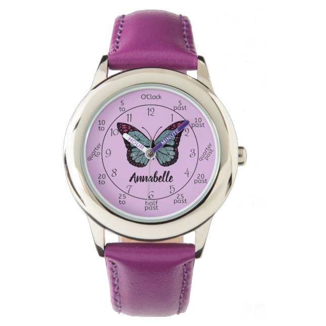 Aangepast Glitter Butterfly Paars leert tijd Horloge (Voorkant)