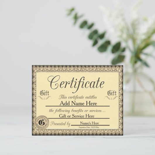 Aangepast Golden Gift Certificate voor uitnodiging (Staand voorkant)