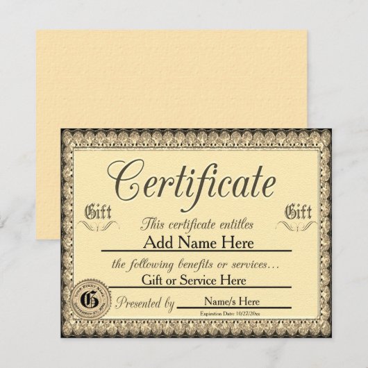 Aangepast Golden Gift Certificate voor uitnodiging (Voorkant / Achterkant)