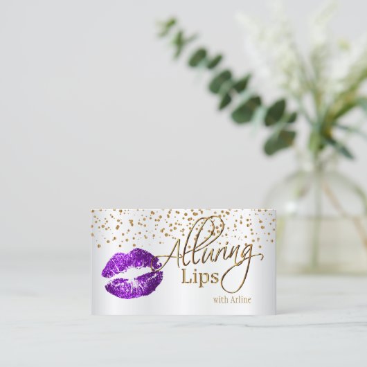 Aangepast - Goud Confetti en Paarse lips Visitekaartje (Staand voorkant)