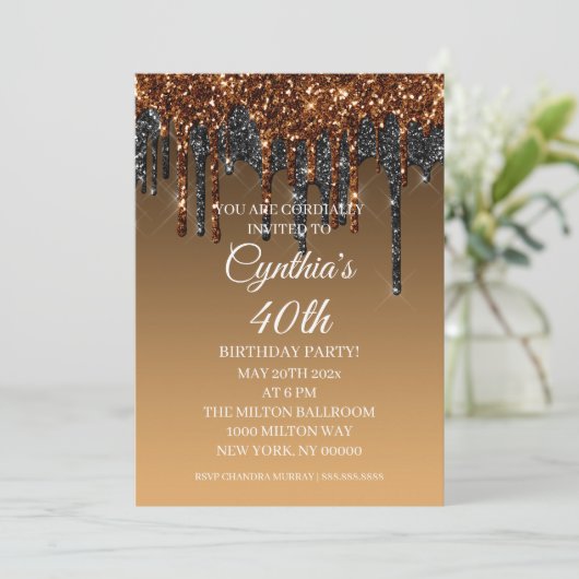 Aangepast goud en zwarte glitter Drip Happy Birthd Kaart (Staand voorkant)