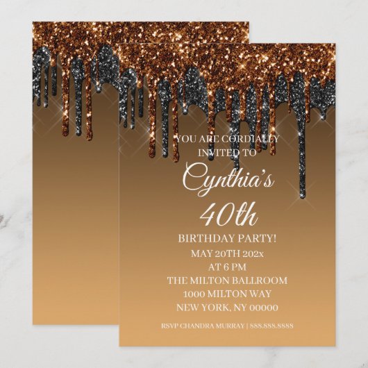 Aangepast goud en zwarte glitter Drip Happy Birthd Kaart (Voorkant / Achterkant)