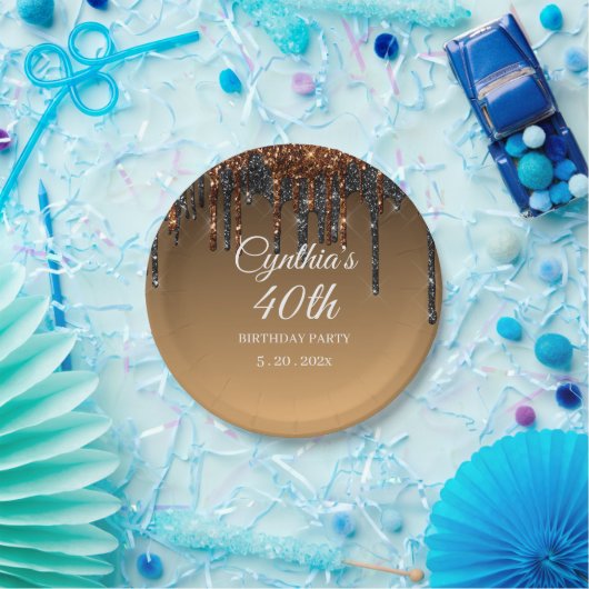 Aangepast goud en zwarte glitter Drip Happy Birthd Papieren Bordje (Feest)