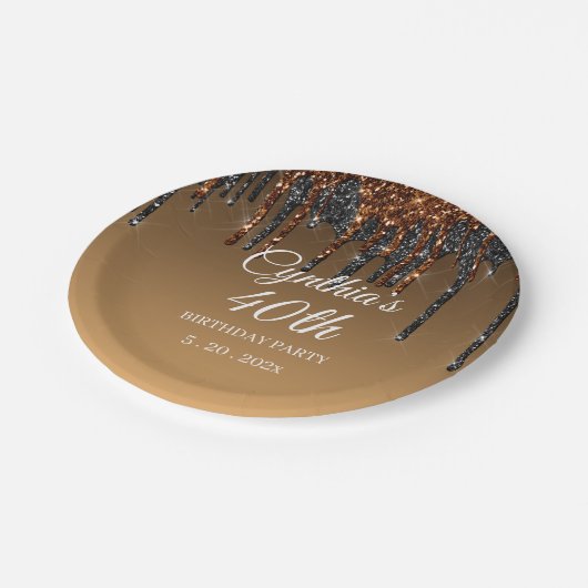 Aangepast goud en zwarte glitter Drip Happy Birthd Papieren Bordje (Gekanteld)