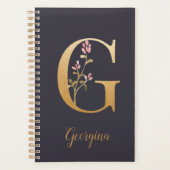 Aangepast goudblauw Elegant Floral Monogram G Planner (Voorkant)