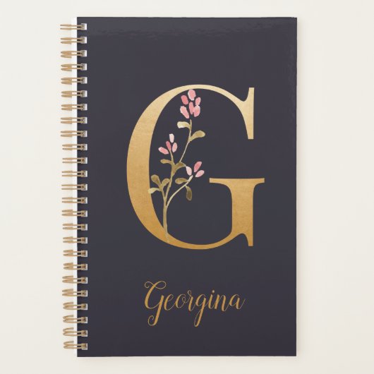 Aangepast goudblauw Elegant Floral Monogram G Planner (Voorkant)