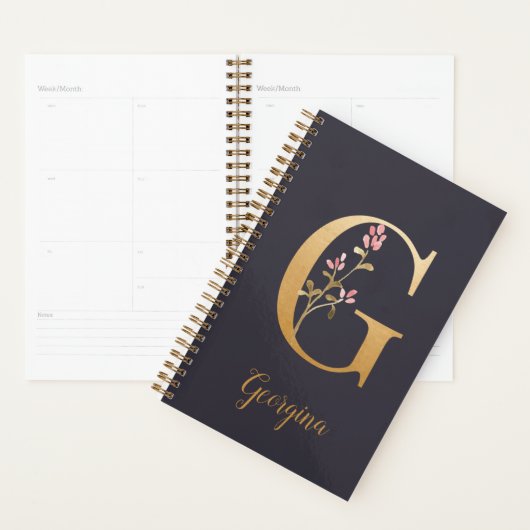 Aangepast goudblauw Elegant Floral Monogram G Planner (Display)