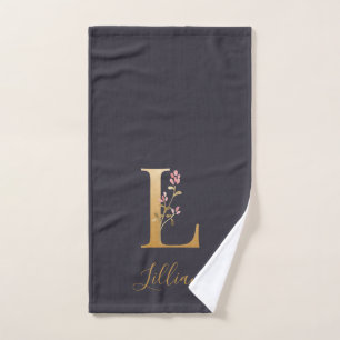 Aangepast goudblauw elegant monogram L Bad Handdoek